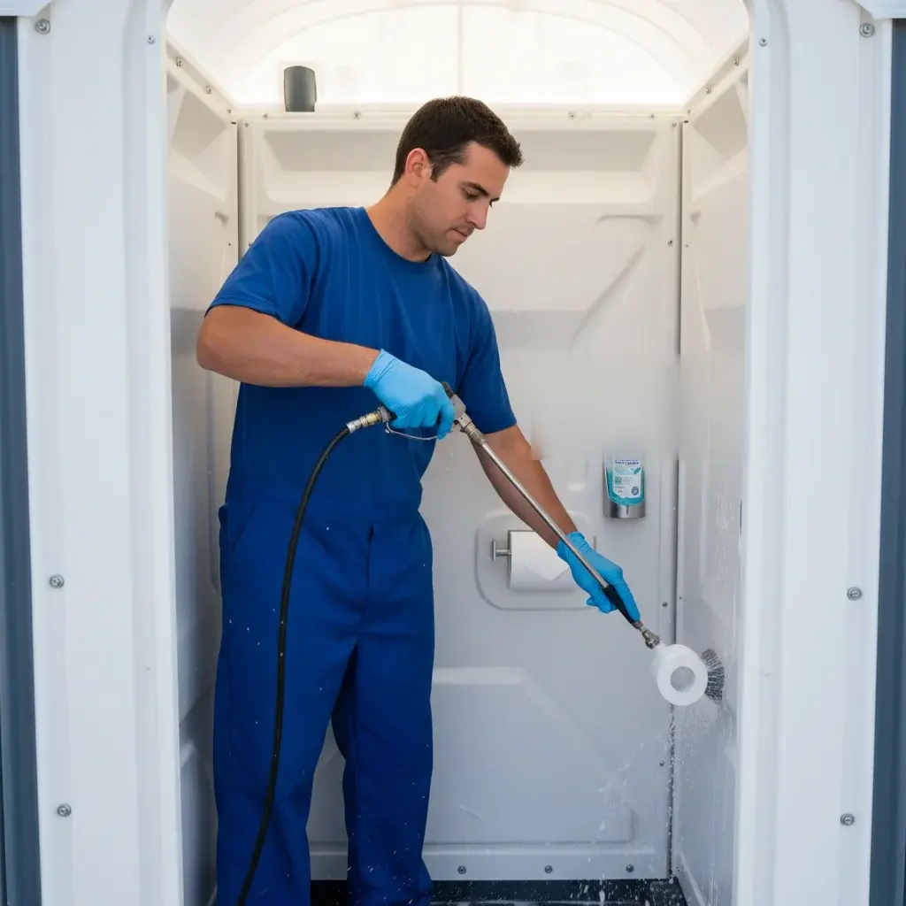 Professional portable restroom service technician